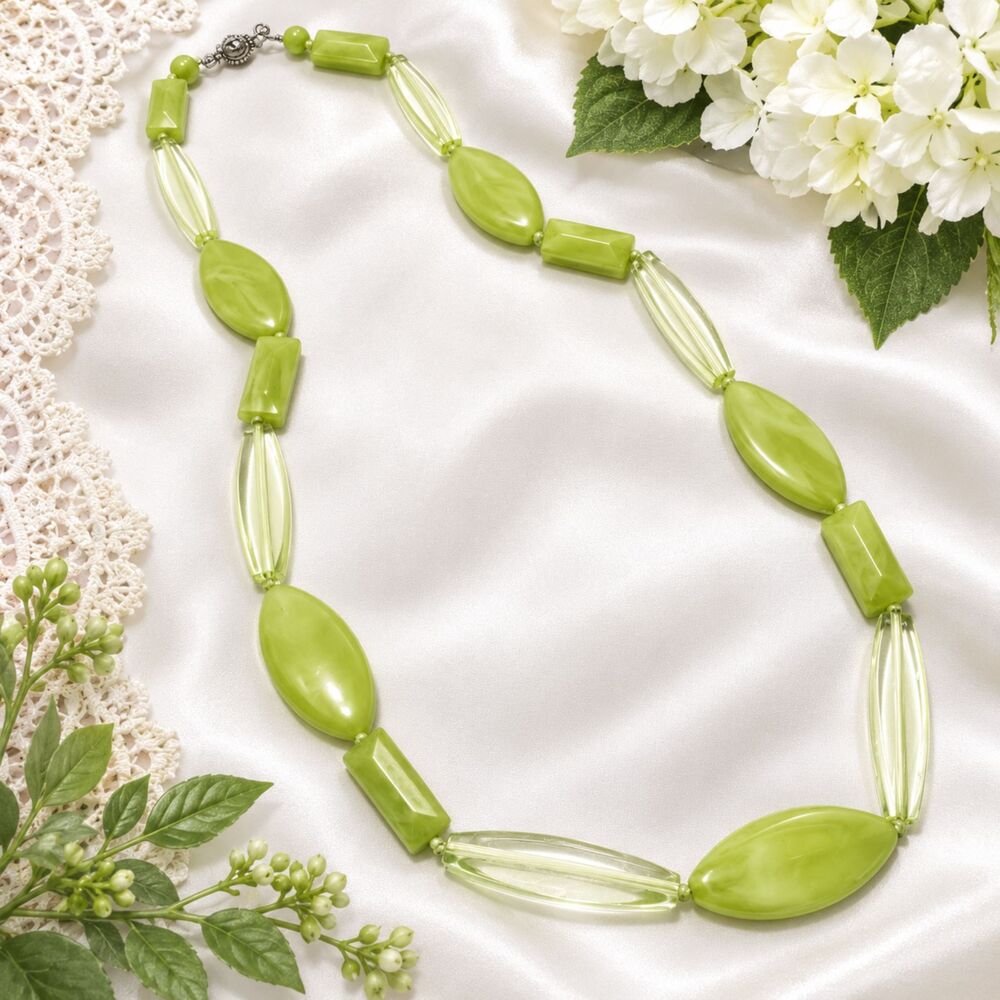 Green Lucite Style Acrylic Bead Necklace 40" Long Statement Necklace